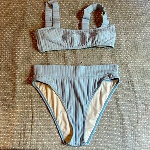 Peony, baby blue ribbed bikini swimsuit. Size 10 top, size 12 bottoms!